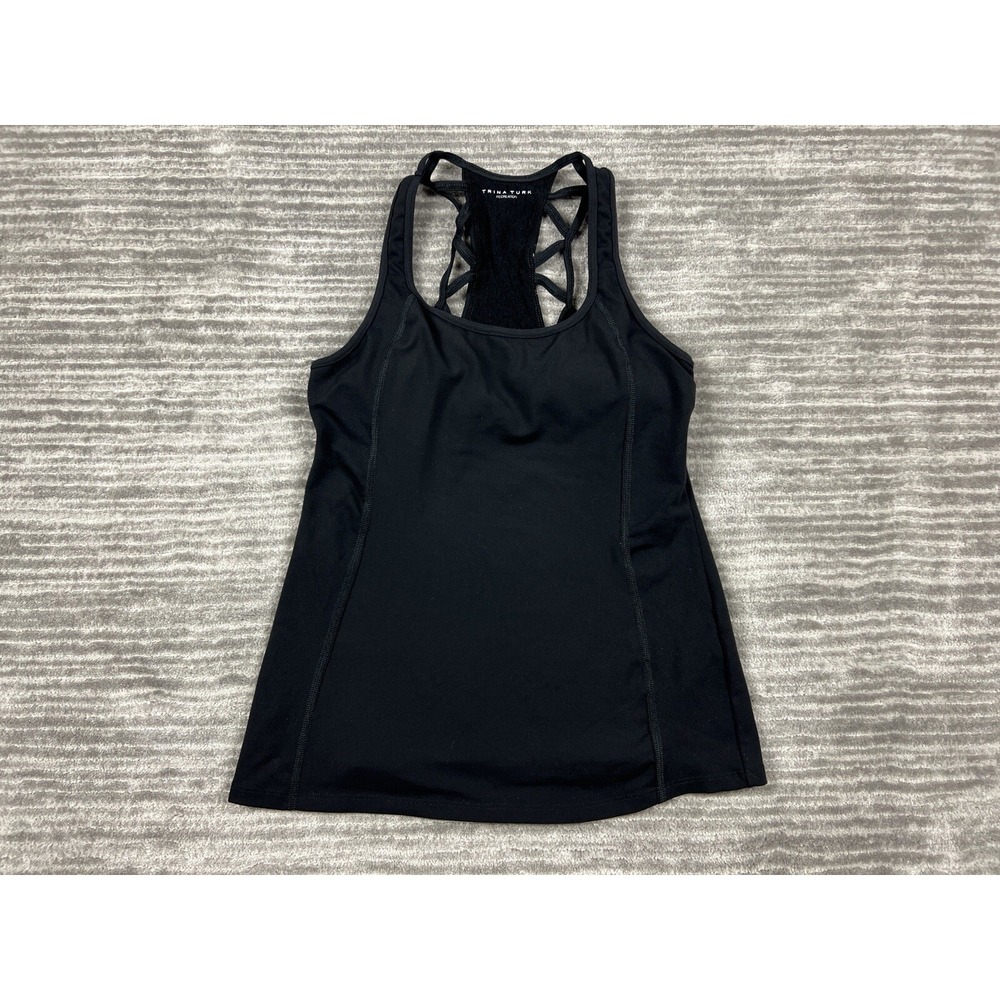 Trina Turk Recreation Tank Top Womens S Black Strappy Lattice Back Shelf Bra